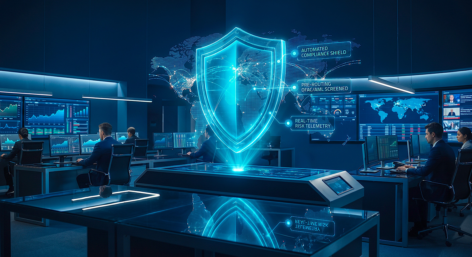 compliance-shield A photorealistic high-tech cybersecurity operations dashboard illustrating a compliant payment architecture with a glowing holographic shield executing automated real-time OFAC and AML compliance screening.