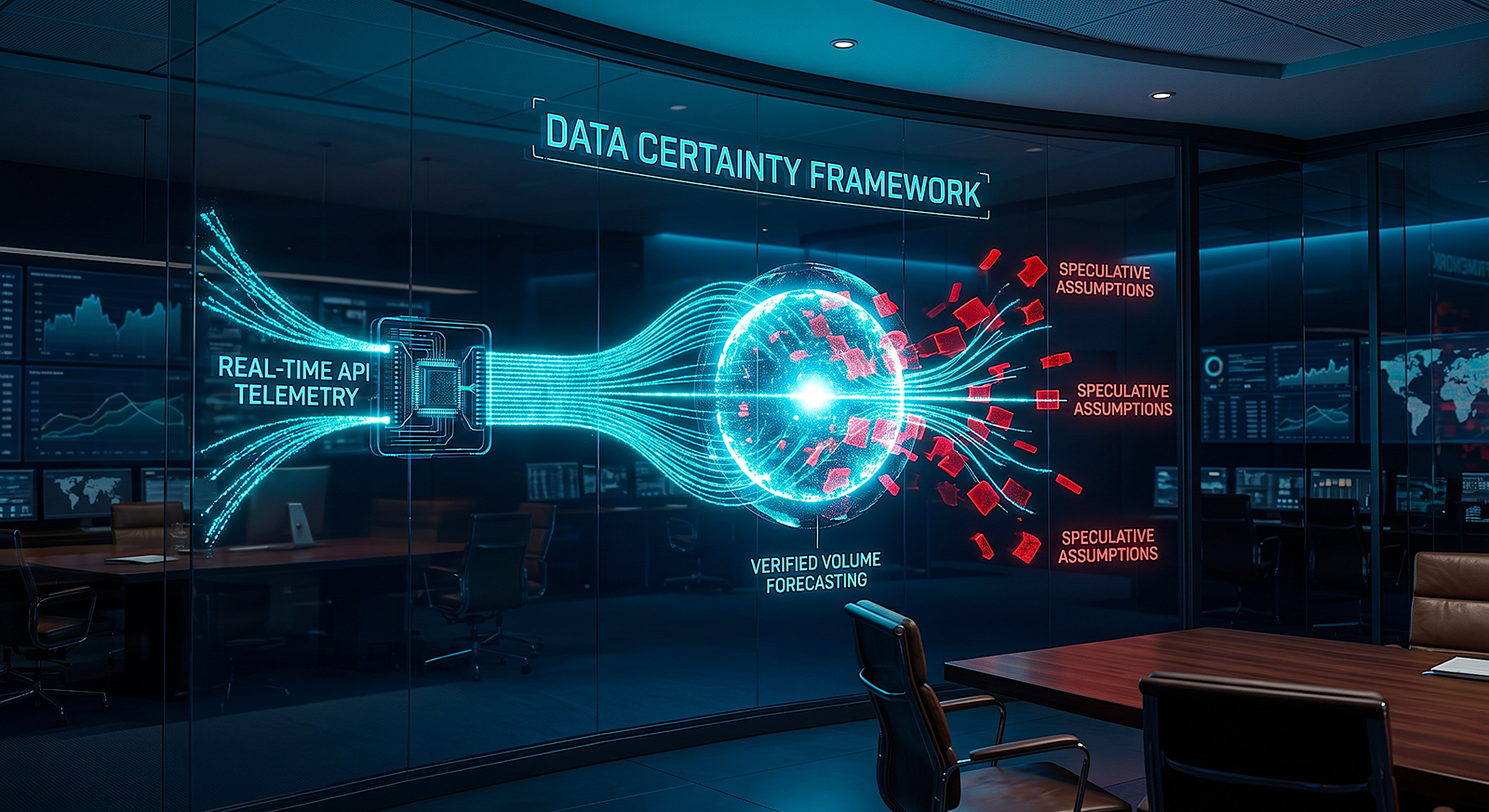 A photorealistic visualization of a corporate data intelligence dashboard displaying the Data Certainty Framework, connecting real-time API telemetry to verified volume forecasting in cyan and navy blue light