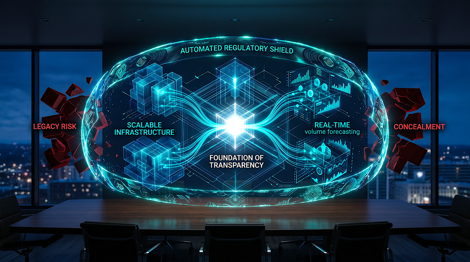 payscout-strategic-transparency-architecture A photorealistic conceptual visualization of a global payment architecture diagram glowing in cyan and navy blue against a modern boardroom backdrop, illustrating a foundation of transparency, scalable infrastructure, and an automated regulatory shield blocking fragmented blocks representing legacy risk.